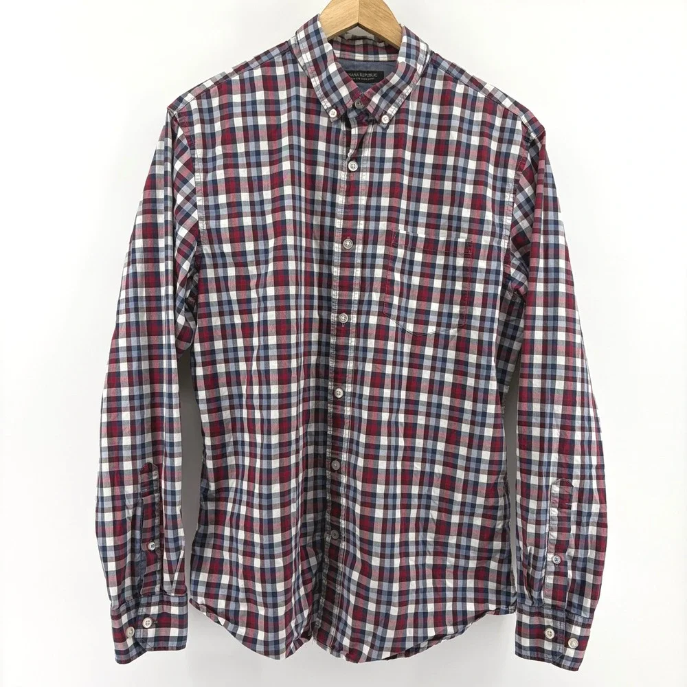 Banana Republic Grant Fit 078 Wash Shirt Red Blue Plaid Button Down Mens M